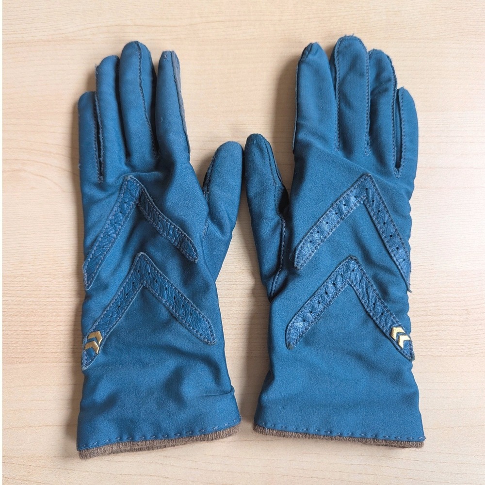 Aris Isotoner Teal Blue Wool Lined Stretch Gloves Leather Detail One Size